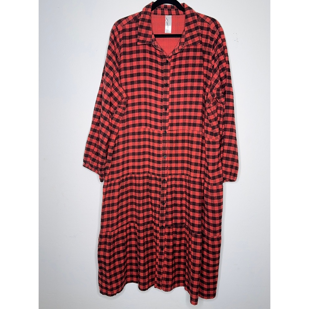 Buffalo Plaid Cotton Tiered Shirt Dress Red Black Oversized Cottagecore Plus 2X